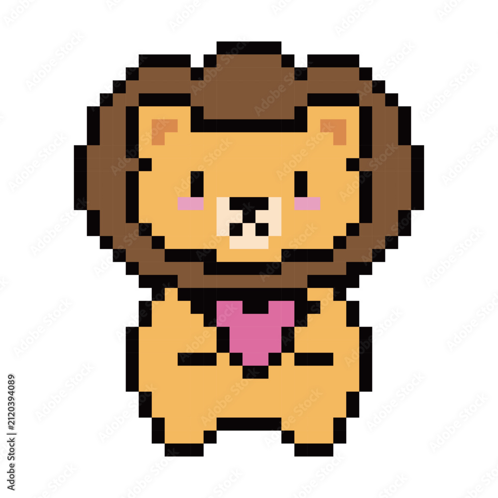 Fototapeta premium Cute Pixel Art Lion Holding Pink Heart Vector Illustration