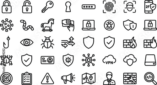 Set of hand drawn cyber security and internet protection icons for digital safety and network data privacy concepts