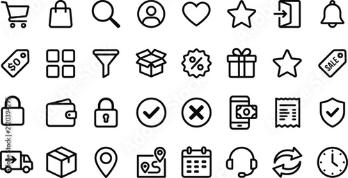 Set of thin line e commerce icons for online shopping websites and mobile applications in black and white style