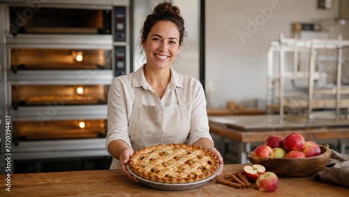 Woman holding freshly baked apple pie in a bakery, surrounded by apples and cinnamon sticks, with ovens and wooden countertops in the background