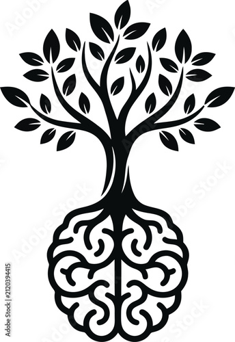 A black and white conceptual illustration of a tree growing from a human brain representing knowledge and growth