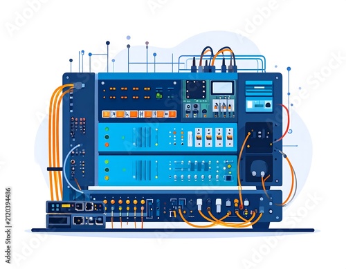 Blue industrial control panel with digital displays and switches.