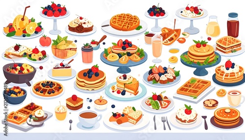 Assortment of colorful mini desserts on white plates.