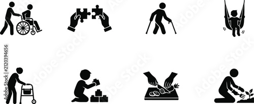 Set of black icons representing various activities and assistance for elderly people and individuals with physical disabilities