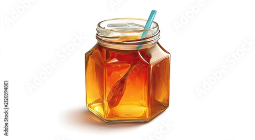 Clear glass jar filled with amber liquid, a spoon rests inside