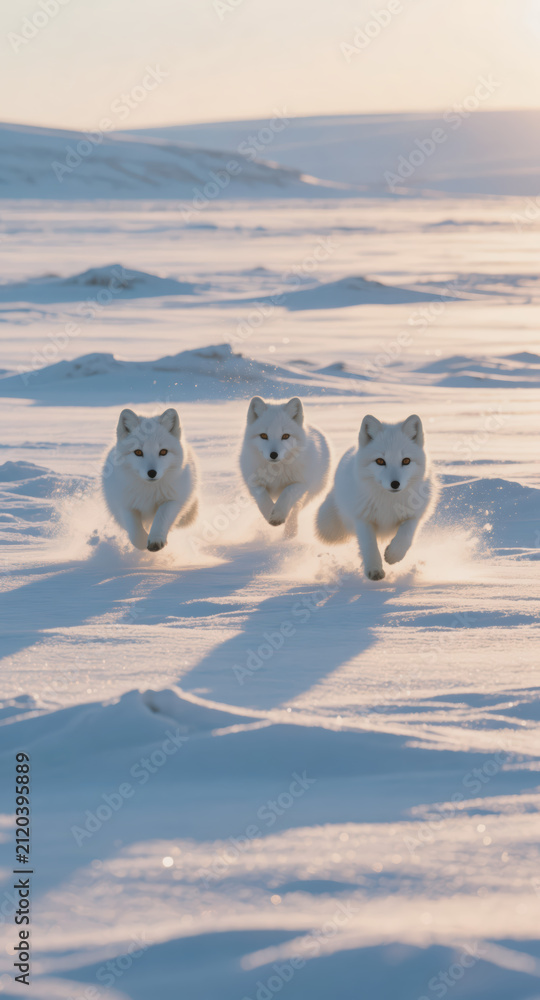 Naklejka premium Three arctic foxes running together across snowy landscape at golden hour creating dynamic action and playful winter scene in crisp polar light