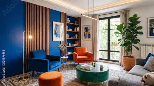 Modern living room interior with colorful blue wall orange armchairs and a green coffee table featuring stylish furniture decor and large green houseplant in a bright airy apartment