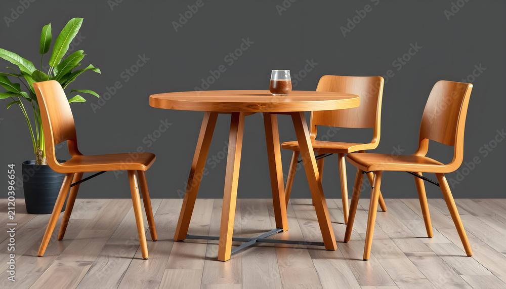 Fototapeta premium Modern mid-century dark oak round dining table with angled tripod legs, wooden chair set, moody dark gray background, dramatic studio lighting, minimalist setting.