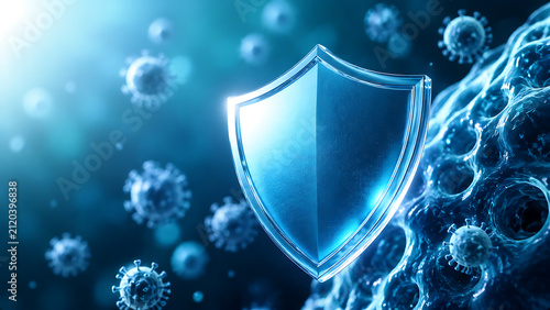 Futuristic medical protection background featuring glowing shield and microscopic particles for immunity and biotechnology concepts
