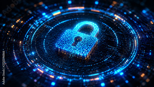 Futuristic Cybersecurity Concept Featuring Glowing Digital Lock and Advanced Data Protection Technology on Dark Background
