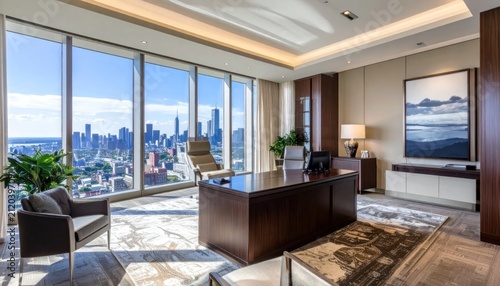 Luxurious Executive Office Overlooking City Skyline Through Floor to Ceiling Windows