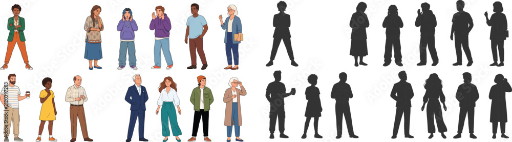 Fototapeta premium Diverse People Character Collection with Matching Black Silhouettes Flat Vector Illustration Bundle