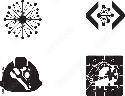 Artificial Intelligence and Technology Vector Icon Set - AI Coding, Engineering Helmet, Network Connections, and Robotic Puzzle Solution Symbols Isolated on White Background
