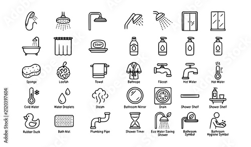 Modern Shower Icon Set Simple Bathroom Hygiene Outline Vector Collection