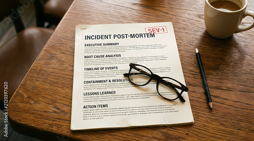 Printed SEV-1 incident post-mortem report on conference table, section headers executive summary root cause lessons learned, business editorial photo