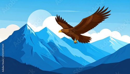 Majestic Brown Eagle Soaring Above Snowy Blue Mountain Landscape
