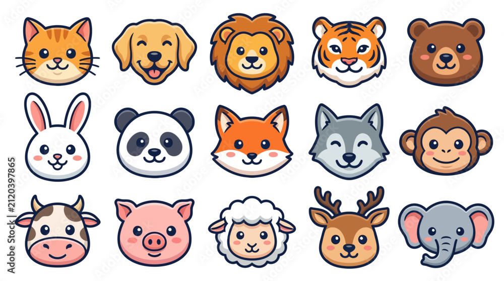 Fototapeta premium Cute cartoon animal faces set, including cat, dog, lion, tiger, bear, rabbit, panda, fox, wolf, and monkey.