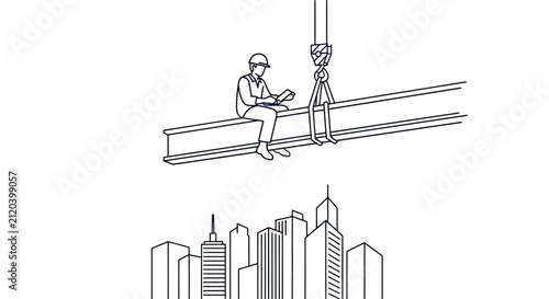 Construction worker sitting on steel beam above city.