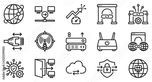 Vector Line Icon Set Illustrating Global Network, High Speed Internet, Link Building, Ethernet, Wireless Tower, Cloud Data, and Cybersecurity Concepts