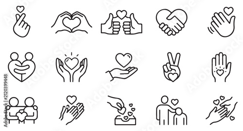 Vector Line Icon Set Illustrating Hand Gestures, Hearts, Love, Friendship, Charity, Care, Support, Kindness, Unity, and Relationship Concepts