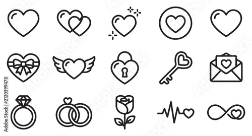 Vector Line Icon Set Illustrating Hearts, Love, Romance, Valentine's Day, Wedding Rings, Key, Padlock, Envelope, Rose, and Infinity Symbols