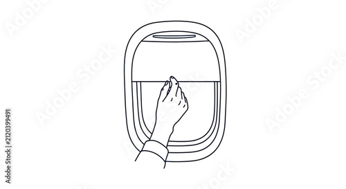Hand closing an airplane window shade.