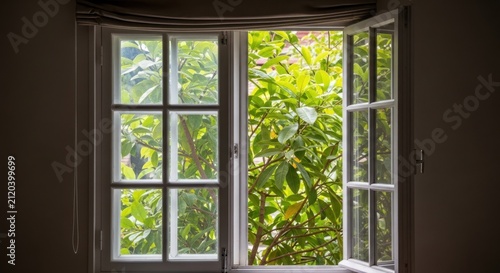 Open window with garden view. Bright sunlight streaming through a wooden frame.
