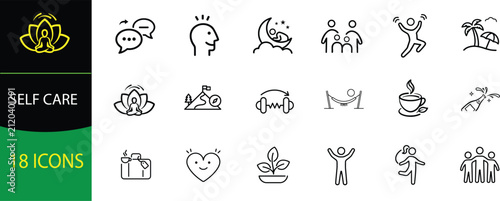 Mental Wellness & Self Care Line Icon Set Vector – Mindfulness, Healthy Lifestyle and Personal Growth Collection