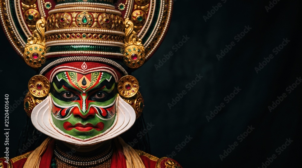 Fototapeta premium Kathakali dancer with elaborate green face paint and ornate golden headpiece looking at camera, close up performance portrait, indian culture portrait.