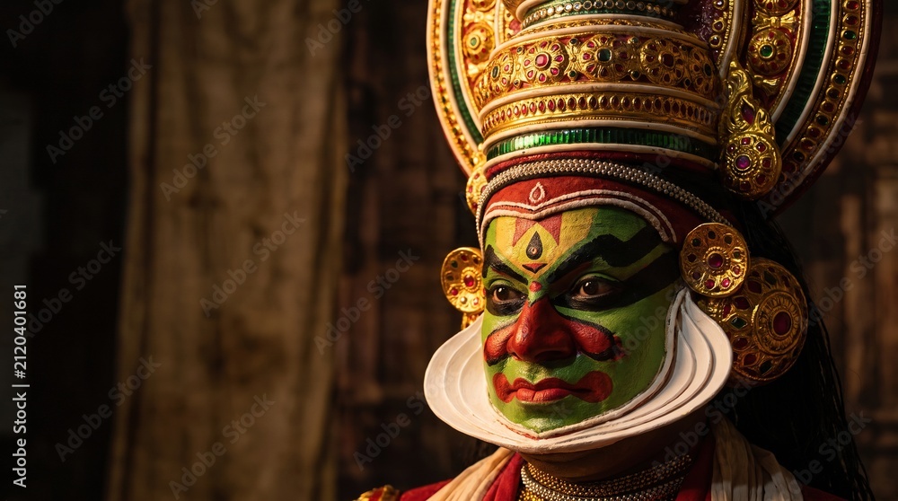 Fototapeta premium Kathakali dancer with elaborate green makeup and ornate golden headpiece, traditional indian art performer, close up shot.