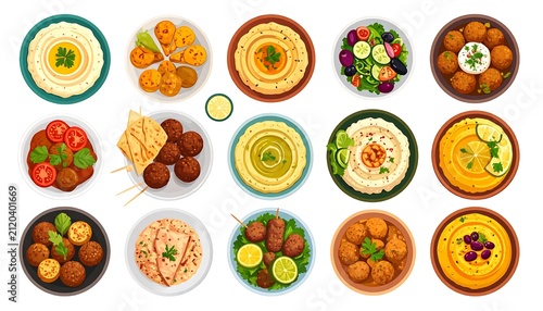 Assortment of colorful vegetarian and vegan meals in bowls.
