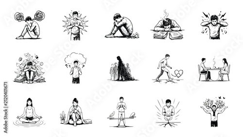 Mental Health & Emotional Wellness Concept Illustration Set – Anxiety, Depression, Mindfulness and Healing Vector Collection