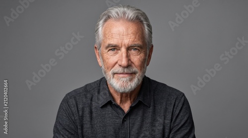 Studio portrait of a confident senior man with gray hair and beard looking directly at the camera against a clean gray background with copy space.