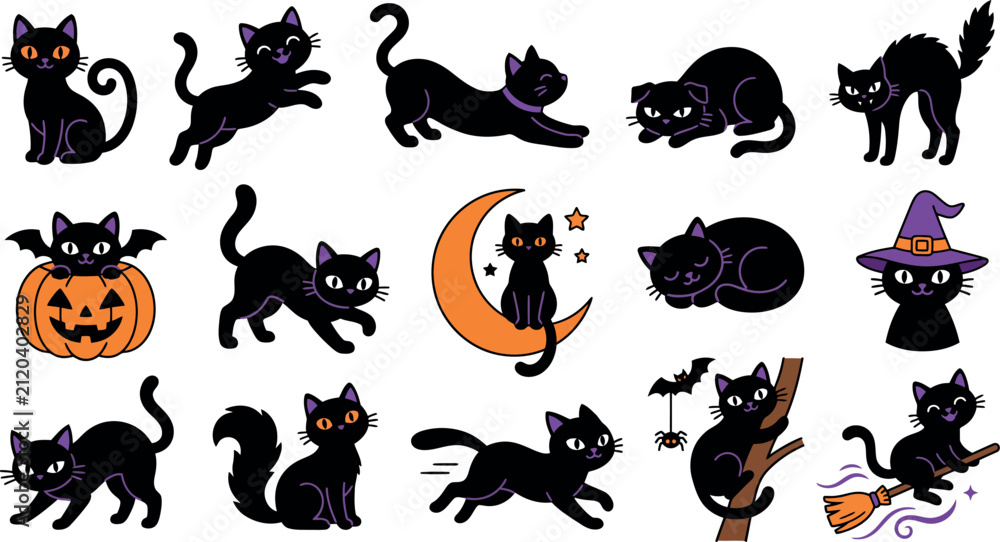 Obraz premium A colorful halloween black cat bundle icon set collection featuring various cute feline poses for seasonal holiday graphic design projects