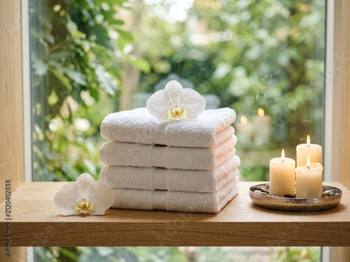 Stack of clean folded white towels with white orchid flowers and burning candles on a rustic wooden spa shelf