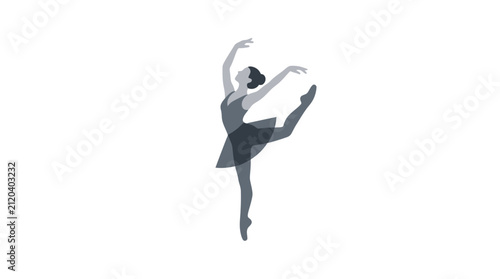 Ballerina silhouette performing dance pose on white background.