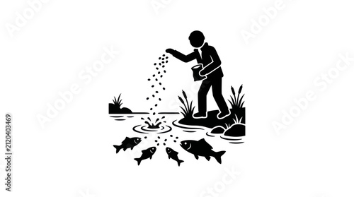 Detailed silhouette of man feeding fish outdoors.