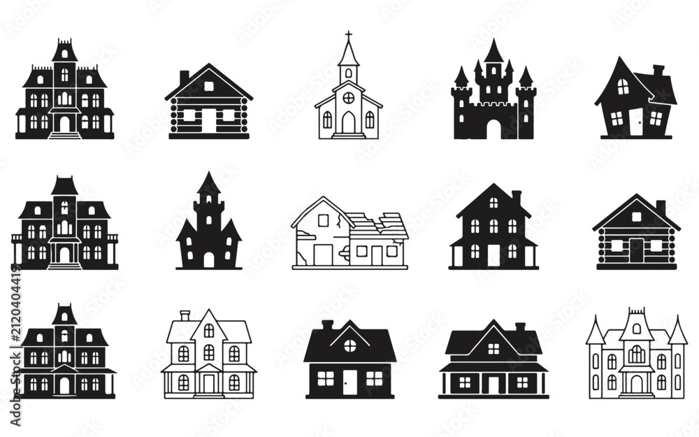Naklejka premium Set of black silhouette icons featuring various haunted houses for a creative halloween vector bundle design project collection
