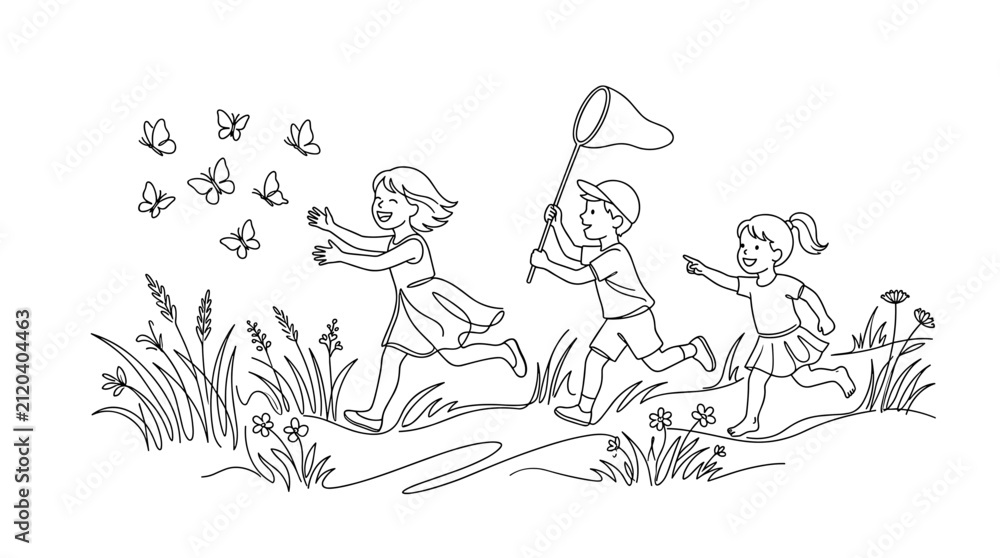 Fototapeta premium Children joyfully chasing butterflies in a grassy field with a butterfly net