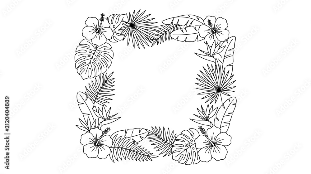 Obraz premium Tropical floral border with hibiscus monstera and palm leaves in outline style