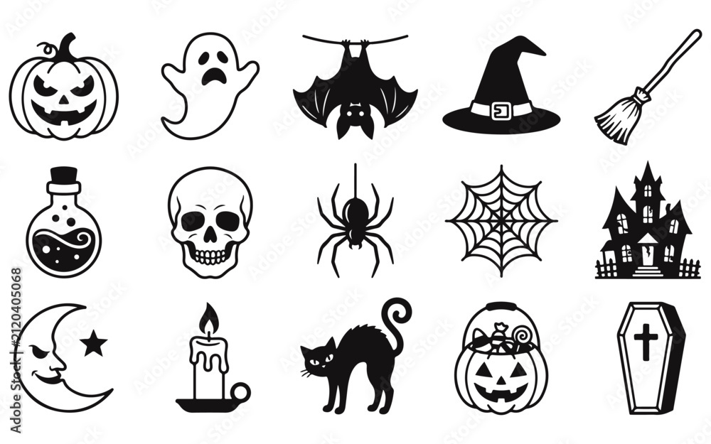 Obraz premium A comprehensive halloween vector bundle featuring black and white icons of spooky holiday elements for festive graphic design projects