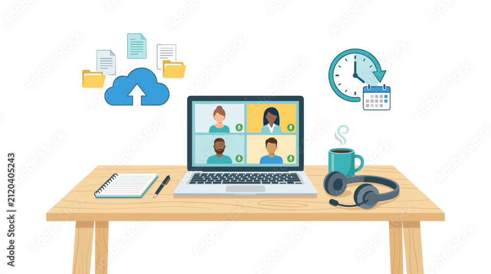 Fototapeta premium Remote Team Meeting: A laptop displays a video conference call with four participants, symbolizing remote work and collaboration. The desk setup includes headphones, a coffee cup, and a calendar.