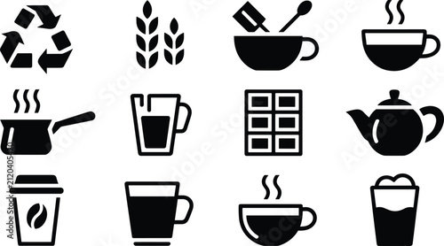 Food and beverage silhouette icon set vector illustration featuring coffee, tea, chocolate, recycling, wheat, teapot and hot drink symbols for cafe menus