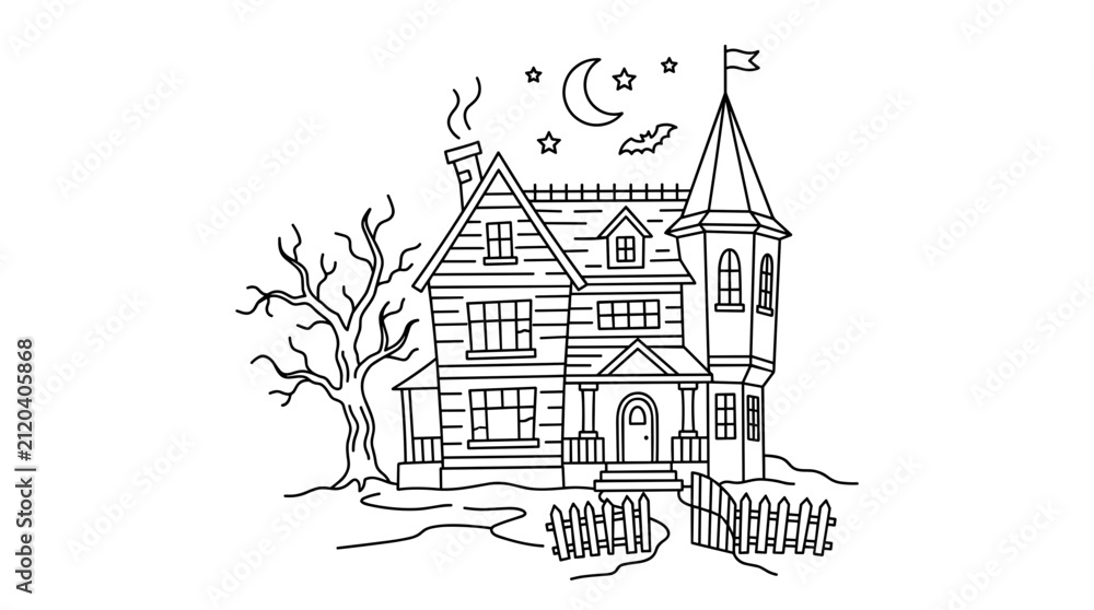 Fototapeta premium Spooky haunted house with a bare tree, crescent moon, stars, and bats in the night sky, line art illustration