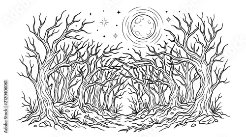 Eerie bare trees in a dark forest under a full moon and starry night sky, illustration