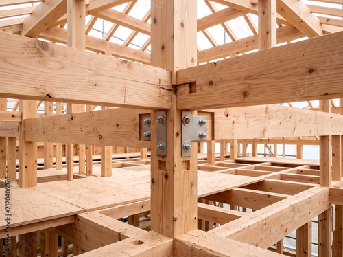 Obraz na płótnie 家を建てる新築木造住宅の建築現場で木材が組まれた構造