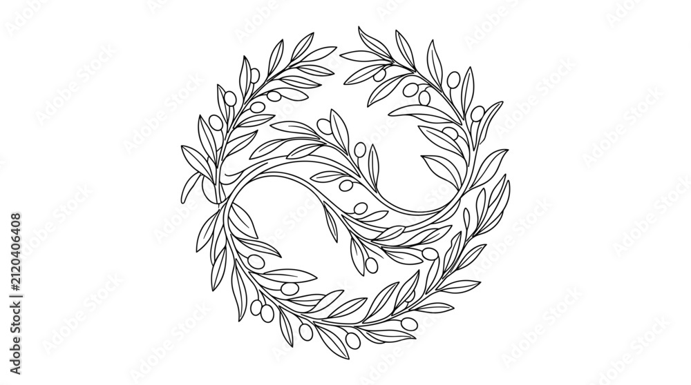 Obraz premium Elegant Yin Yang Symbol Formed by Olive Branches with Leaves and Berries in Outline Style