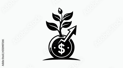 Plant grows from a dollar coin with an upward arrow showing financial profit.