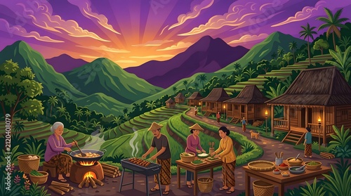 Rural village scene with terraced fields and mountain landscape at sunset