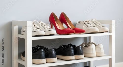 Variety of Shoes on a White Rack: Sneakers, Heels, Casual Footwear
